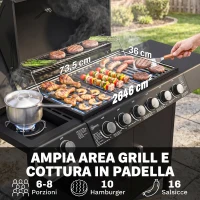 Outsunny Barbecue a Gas con Coperchio, 7 Bruciatori da 20kW, Fornello Laterale e 2 Ruote, 135x50x100 cm, Nero(m-4)