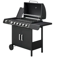 Outsunny Barbecue a Gas con Coperchio, 7 Bruciatori da 20kW, Fornello Laterale e 2 Ruote, 135x50x100 cm, Nero(m-19)