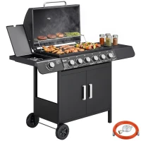 Outsunny Barbecue a Gas con Coperchio, 7 Bruciatori da 20kW, Fornello Laterale e 2 Ruote, 135x50x100 cm, Nero(m-18)