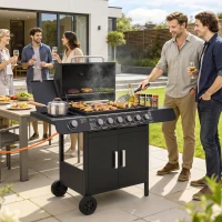 Outsunny Barbecue a Gas con Coperchio, 7 Bruciatori da 20kW, Fornello Laterale e 2 Ruote, 135x50x100 cm, Nero(m-11)