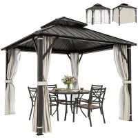 Outsunny 3 x 3(m) Hardtop Gazebo Canopy with Double Metal Roof, Waterproof Permanent Pavilion Garden Gazebo with Netting and Curtains, Easy to Assemble, Beige(m-10)
