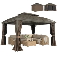 Outsunny 3.65 x 3(m) Hardtop Steel Gazebo Canopy with Aluminium Frame, Double Roof, Net Sidewalls and Curtains, Coffee(m-11)