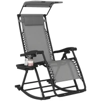 Outsunny Garden Rocking Chair Folding Recliner Outdoor Adjustable Sun Lounger Rocker Zero-Gravity Seat with Headrest Side Holder Patio Deck - Grey(m-11)