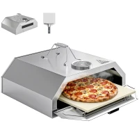 Outsunny 8 in Portable Stainless Steel BBQ Grill Top Pizza Oven with Built-in Thermometer and Viewing Window for Gas and Charcoal BBQ Grills, Includes Carry Handles, Pizza Stone and Peel, Silver Tone(m-10)