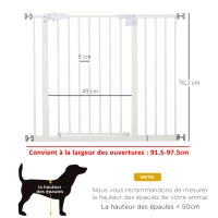 PawHut Barrière de sécurité sans perçage largueur réglable 74-80 / 91,5-97,5 cm double verrouillage fermeture automatique barrière chien pour porte couloir escalier acier blanc(m-3)