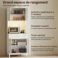 HOMCOM Buffet haut cuisine avec LED et station de charge, armoire de cuisine avec 4 portes, tiroir et plan de travail, blanc(m-6)