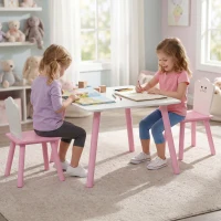 AIYAPLAY Set Tavolo e 2 Sedie per Bambini 3-6 Anni in Legno con Angoli Arrotondati, Tema Zucchero Filato, Rosa(m-8)