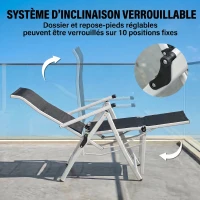 Outsunny Chaise longue pliable transat bain de soleil avec dossier & repose-pied réglable multi-positions, noir(m-4)