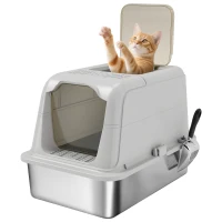 PawHut Caixa de Areia Fechada em Aço Inox com Tampa, 2 Entradas, Pá, Saquinho Desodorizante, Cinza Claro(m-6)