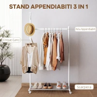 HOMCOM Appendiabiti da Terra con Ruote, 5 Ganci e Ripiano Inferiore Porta Scarpe, in Metallo, Portata 9 kg, Bianco(m-4)
