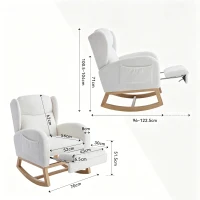 Poltrona a dondolo ergonomica in tessuto Teddy con poggiapiedi regolabile e schienale alto, 122,5x70x104 cm, Bianco(m-3)