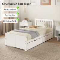 HOMCOM Cadre de Lit 90x190cm en Bois Massif,  2 Tiroirs sur Roulettes, Tête de Lit, Pied de Lit, Sommier à Lattes, Blanc(m-4)
