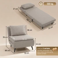 HOMCOM Fauteuil Convertible 1 Place, Fauteuil-Lit Clic-Clac 3 en 1 avec Dossier Réglable, Oreiller, Assise Large, Marron Clair(m-3)