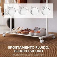HOMCOM Appendiabiti da Terra con Ruote, 5 Ganci e Ripiano Inferiore Porta Scarpe, in Metallo, Portata 9 kg, Bianco(m-5)