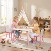 AIYAPLAY Set Tavolo e 2 Sedie per Bambini 3-6 Anni in Legno con Angoli Arrotondati, Tema Zucchero Filato, Rosa(m-2)