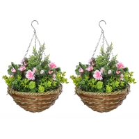 Outsunny Set 2 Piante Finte di Lisianthus con Vaso e Gancio, Piante Artificiali in PE e Vimini, Ø25x34 cm, Verde e Rosa