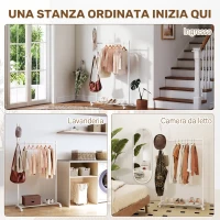 HOMCOM Appendiabiti da Terra con Ruote, 5 Ganci e Ripiano Inferiore Porta Scarpe, in Metallo, Portata 9 kg, Bianco(m-6)