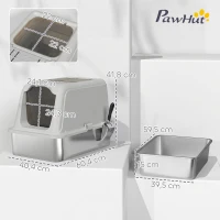 PawHut Caixa de Areia Fechada em Aço Inox com Tampa, 2 Entradas, Pá, Saquinho Desodorizante, Cinza Claro(m-3)