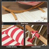 Outsunny Amaca con Supporto in legno, Cuscino Poggiatesta e Letto in Cotone, 310x118x120 cm, Rosso e Bianca(m-4)