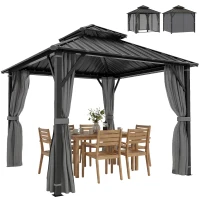 Outsunny 3 x 3(m) Hardtop Gazebo Canopy with Metal Roof, Waterproof Permanent Pavilion Garden Gazebo with Netting, Curtains, Grey(m-10)