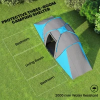 Outsunny Large Camping Tent Tunnel Tent with 2 Bedroom and Living Area, 2000mm Waterproof, Portable with Bag for 4-6 Man, Blue(m-4)