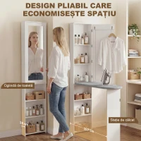 HOMCOM Dulap cu Masă de Călcat Pliabilă Economisitor de Spațiu cu Oglindă, Dulap Multifuncțional cu 6 Compartimente, 2 Cârlige, pentru Spălătorie Baie, 107x35x174 cm, Alb(m-4)