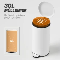 HOMCOM Mülleimer 30L, Treteimer, einrastbarer Deckel, Pedal, fleckenresistent, Weiß(m-4)