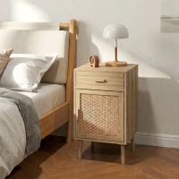 HOMCOM Set 2 Noptiere pentru Dormitor cu Sertar și Ușă din Ratan, Stil Boho, Culoare Lemn(m-12)
