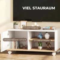 HOMCOM TV-Board auf Rollen mit Bremsen, TV-Möbel mit Schrank und verstellbarer Ablage, Weiß und Eiche(m-4)