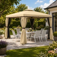 Outsunny 3 x 3(m) Patio Gazebo Canopy Garden Pavilion Tent Shelter with 2 Tier Water Repellent Roof, Mosquito Netting and Curtains, Aluminium Frame, Beige(m-2)