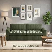 HOMCOM Sofá de 3 Plazas Tapizado en Pana con 2 Almohadas Reposabrazos y Cojín de Muelles 212x80x88 cm Verde(m-4)
