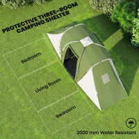 Outsunny Large Camping Tent Tunnel Tent with 2 Bedroom and Living Area, 2000mm Waterproof, Portable with Bag for 4-6 Man, Green(m-4)