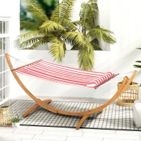 Outsunny Amaca con Supporto in legno, Cuscino Poggiatesta e Letto in Cotone, 310x118x120 cm, Rosso e Bianca(m-6)