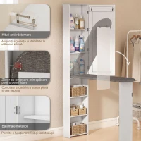 HOMCOM Dulap cu Masă de Călcat Pliabilă Economisitor de Spațiu cu Oglindă, Dulap Multifuncțional cu 6 Compartimente, 2 Cârlige, pentru Spălătorie Baie, 107x35x174 cm, Alb(m-8)