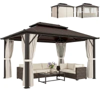 Outsunny 3 x 4m Hardtop Gazebo Canopy with UPF30+ Double Polycarbonate Roof, Aluminium Frame Garden Gazebo Permanent Pavilion with Mosquito Netting and Curtains for Patio, Deck, Beige(m-11)