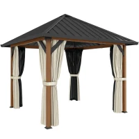 Outsunny 3 x 3(m) Hardtop Gazebo with Galvanised Steel Roof and Water Gutter, Waterproof Permanent Pavilion Garden Gazebo with Netting and Curtains for Patio, Deck, Walnut Wood Finish(m-1)