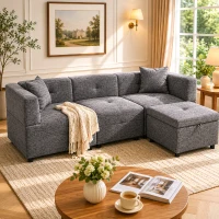 L-Shaped Sectional Sofa with Removable Storage Ottoman and 2 Pillows, Fabric Upholstery, 204L x 68W x 69H cm, Grey(m-1)