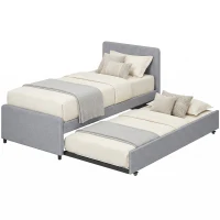 HOMCOM Lit gigogne 90 x 190 cm, cadre de lit simple/double avec sommier à lattes en bois, tête et pied rembourrés, gris clair(m-7)