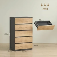 HOMCOM Kommode mit 5 Schubladen aus Holz mit Metallführungen und eingefrästen Griffmulden, 60x39x100 cm(m-3)