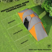 Outsunny Large Camping Tent Tunnel Tent with 2 Bedroom and Living Area, 2000mm Waterproof, Portable with Bag for 4-6 Man, Orange(m-4)
