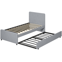 HOMCOM Ausziehbett 90 x 190 cm, Einzel-/Doppelbettgestell mit Metall-Lattenrost, Kopf- und Fußteil gepolstert, hellgrau