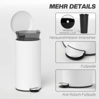 HOMCOM Mülleimer 30L, Treteimer, einrastbarer Deckel, Pedal, fleckenresistent, Weiß(m-7)