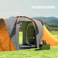 Outsunny Large Camping Tent Tunnel Tent with 2 Bedroom and Living Area, 2000mm Waterproof, Portable with Bag for 4-6 Man, Orange(m-5)