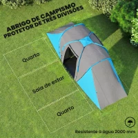 Outsunny Tenda de Campismo Familiar para 4-6 Pessoas com 2 Dormitórios Impermeável 3000 mm com Bolsa 555x225x190 cm Cinza e Azul(m-4)