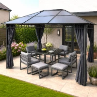 Outsunny Hardtop Gazebo Garden Pavilion w/ UV Resistant Polycarbonate Roof, Curtains, Steel & Aluminium Frame, 3 x 4(m), Grey(m-2)