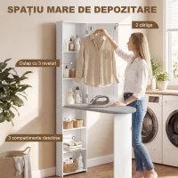HOMCOM Dulap cu Masă de Călcat Pliabilă Economisitor de Spațiu cu Oglindă, Dulap Multifuncțional cu 6 Compartimente, 2 Cârlige, pentru Spălătorie Baie, 107x35x174 cm, Alb(m-7)