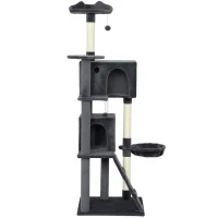 PawHut 180cm Large Cat Tree Tower with Sisal Scratching Posts, Condos, Plush Perches, Hammock, Ladder, Dark Grey(m-11)