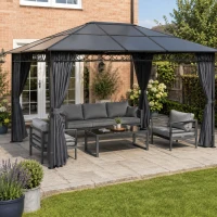 Outsunny 3 x 4 m Outdoor Hardtop Gazebo Canopy with PC Roof, Aluminium Permanent Pavilion Garden Gazebo with Curtains, Dark Grey(m-2)