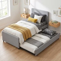 HOMCOM Lit gigogne 90 x 190 cm, cadre de lit simple/double avec sommier à lattes en bois, tête et pied rembourrés, gris clair(m-4)