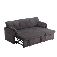 Stylish Sectional Sleeper Sofa with Reversible Storage Chaise, 3-In-1 L-Shaped Sofa with Corduroy Upholstery, 206L x 130W x 88H cm, Charcoal Grey(m-10)